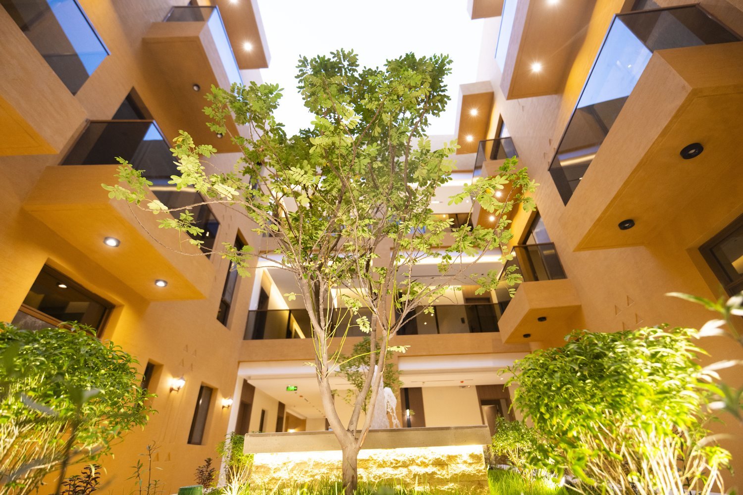 Looking up through the courtyard