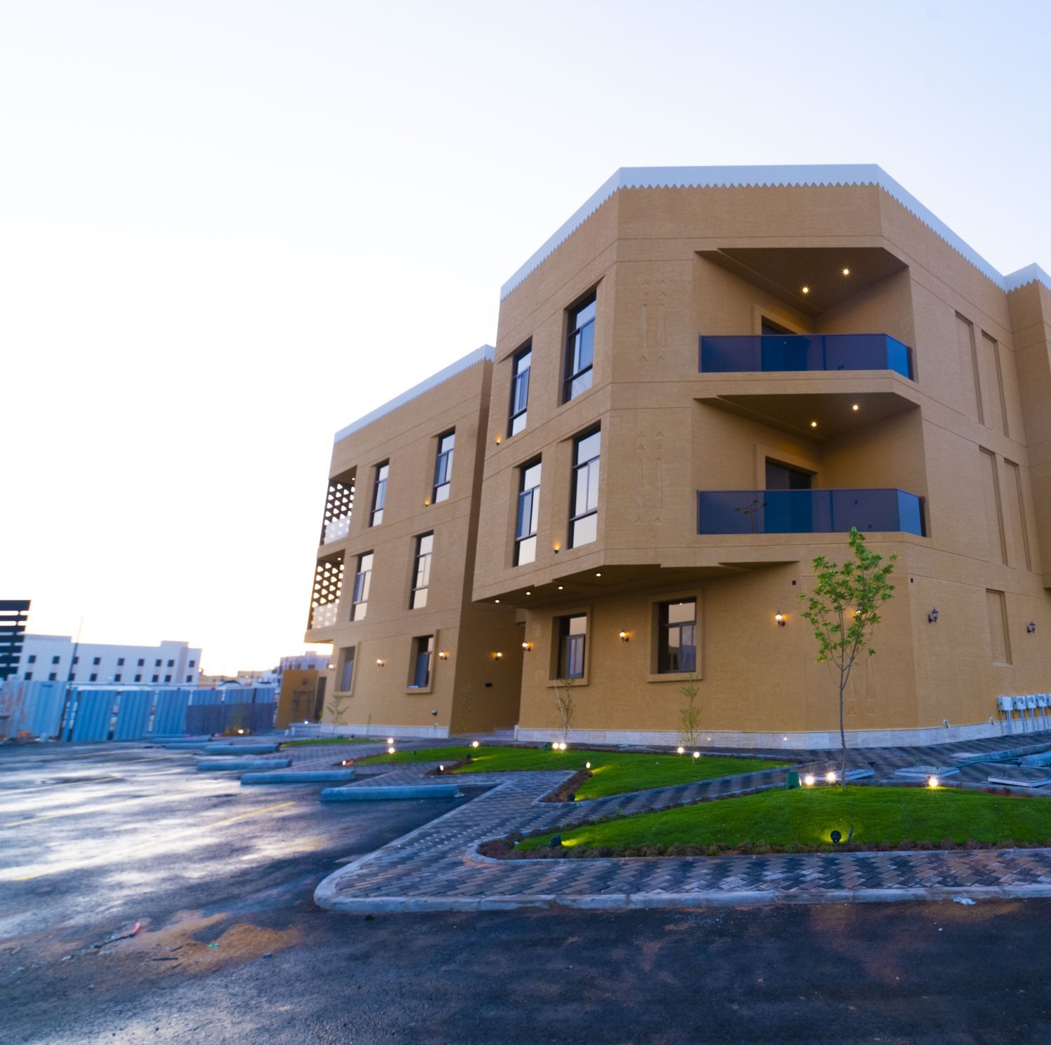 The building at dusk